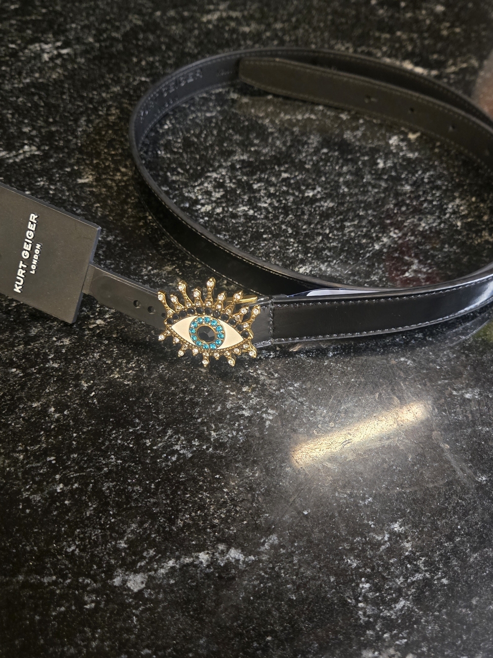 Kurt Geiger Black Leather Belt with Gold Eye Buckle and Teal Center